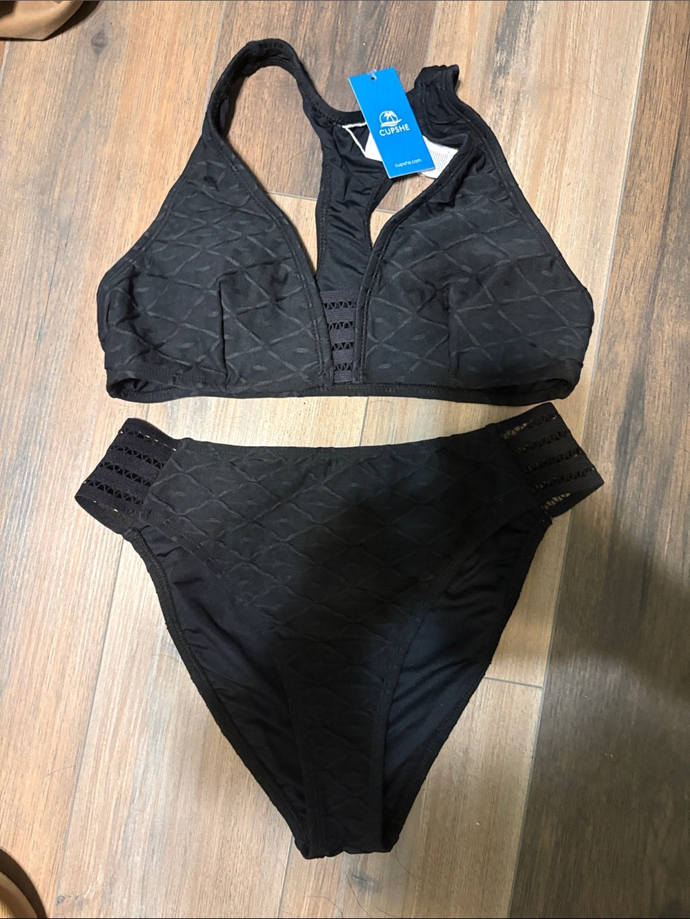 Cupshe Black Textured Racerback Bikini Top and High-Waist Bottoms
